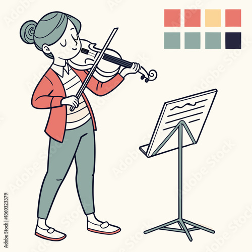 Girl playing violin with music stand illustration