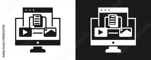 Digital Content Icon Set Glyph In White And Black Background