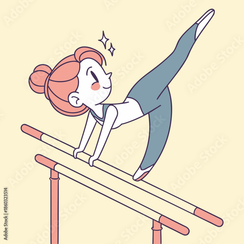 Gymnast performing on parallel bars with leg up