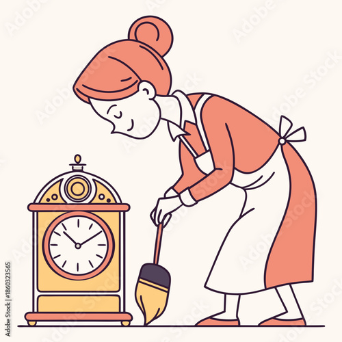 Maid cleaning a vintage mantel clock