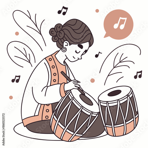 Musician playing tabla drums with musical notes
