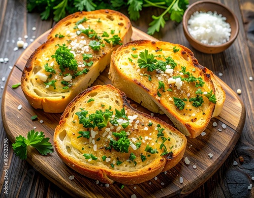 Wallpaper Mural Artisanal garlic bread toast with melting butter, fresh parsley, and sea salt on wooden board. Torontodigital.ca