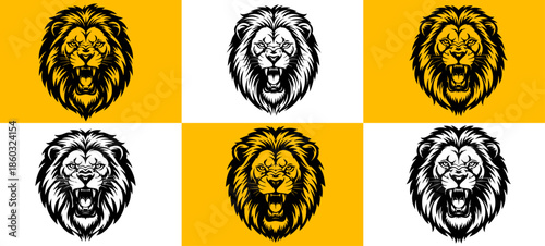 Black and white illustration of a roaring lion head, Detailed Lion Head Illustration in Black and White, a lion head roaring with its mouth open in a simple look a logo silhouette vector illustration