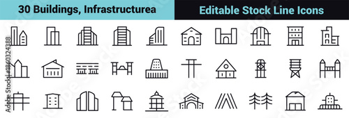 Set of 30 black line icons illustrating buildings, infrastructure, urban elements, architecture, transportation, and city planning