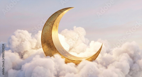 A large golden crescent moon placed on top of a pile of soft white clouds in a 3D style