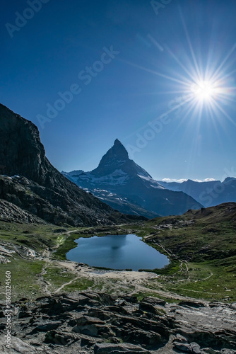 View of the Matterhorn and Riffelsee, Zermatt, Switzerland. Beautiful mountain landscape