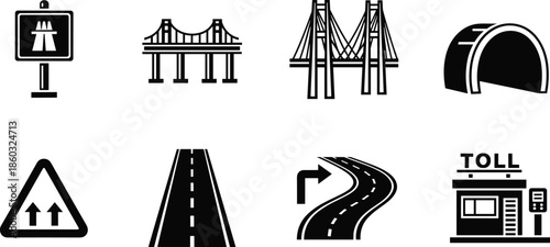 Black and white road infrastructure icons set featuring bridges tunnel highway toll booth traffic signs transportation symbols isolated vector illustration for modern design projects