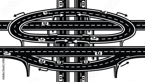 Aerial highway interchange illustration showing complex road network, traffic flow, overpass and underpass system, urban transportation infrastructure, black and white vector design