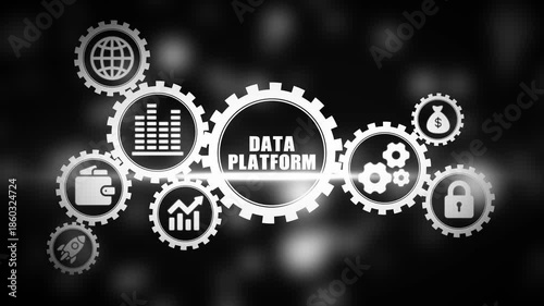 Data Platform Concept with Gears and on Black Background Representing Business Finance and Technology
