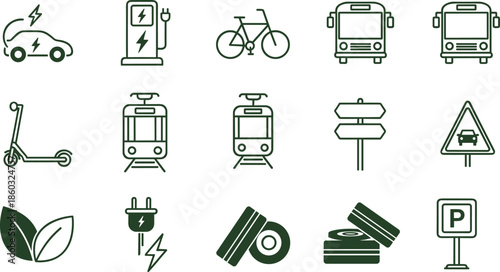 Eco friendly transportation and electric mobility icons set featuring electric car charging bicycle bus tram scooter parking green energy vector illustration