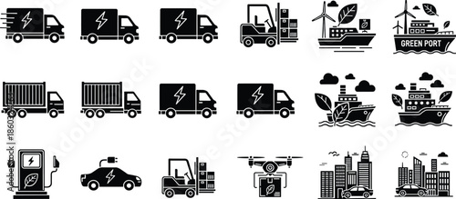 Electric logistics and green transportation icon set featuring eco delivery trucks forklift drone charging station smart city and sustainable shipping symbols vector illustration