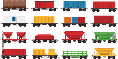 Freight train cargo wagon collection showing container flatbed hopper boxcar tank and goods railway transport cars colorful vector illustration set isolated