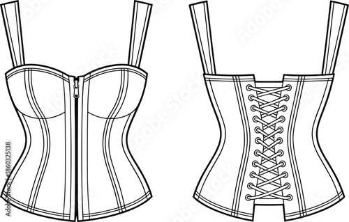 Vector corset top front and back view fashion technical drawing apparel template isolated outline illustration lingerie clothing mockup design