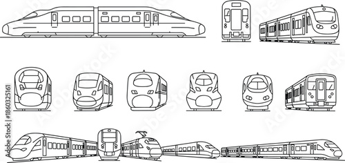 High speed train outline illustration collection showing modern railway locomotives multiple angles side front perspective views isolated black white vector transport design