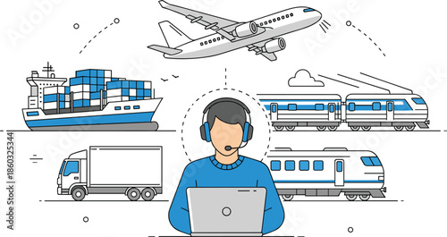 Logistics management illustration showing global transportation system with airplane ship train truck and operator support, supply chain delivery network, modern flat vector design