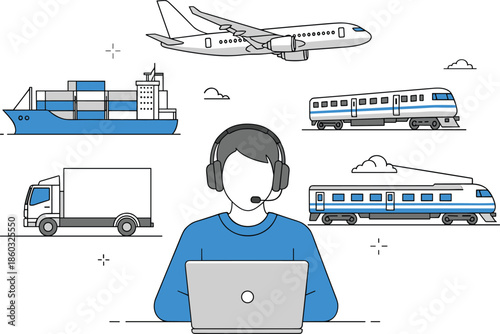 Multimodal transportation logistics illustration with airplane ship train truck and operator using laptop representing global transport management delivery service vector design