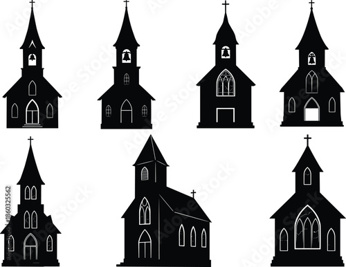 Church silhouette illustration, gothic steeple design, black and white architecture, religious building artwork, arched window structure, historical worship place, Christian temple concept