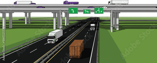 Modern highway interchange with trucks cars overpass bridges and directional road signs showing multilane expressway transportation infrastructure urban traffic illustration