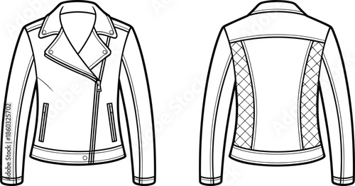 Women biker jacket technical fashion drawing, front and back view, asymmetric zipper, quilted side panels, fitted motorcycle outerwear outline illustration