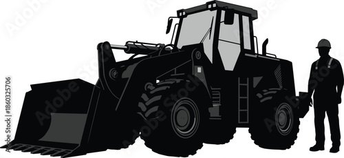 Construction loader silhouette, heavy machinery, worker figure, black and white, excavation equipment, industrial scene, job site, hard hat, repair gear, building tools, loader icon