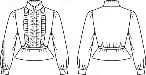 Women high neck ruffle blouse technical fashion drawing, front and back view, pleated panel detail, long sleeve fitted top outline illustration