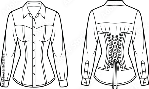 Women corset style shirt technical fashion drawing, front and back view, lace up back detail, fitted blouse outline illustration