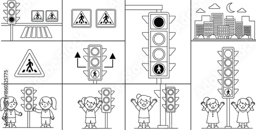 Pedestrian traffic light and road safety illustration set showing crosswalk signals children city street signs urban transportation line vector design