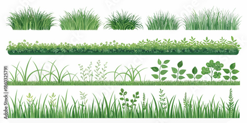 Variety of lush green grass and plant species in different textures