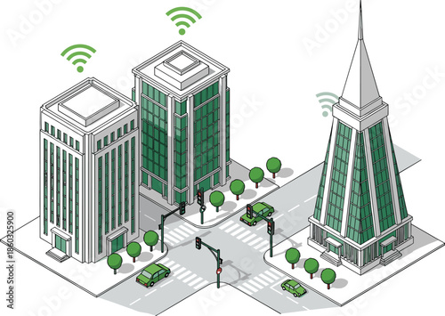 Smart city isometric illustration showing connected buildings wireless signal urban infrastructure modern architecture traffic roads green technology concept vector design