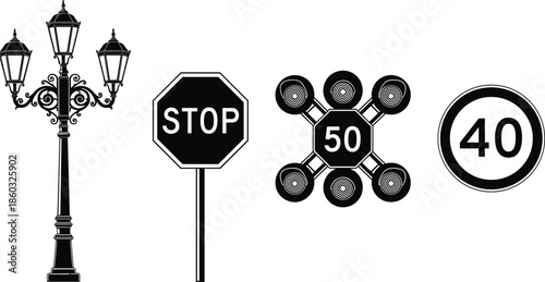 Street furniture and traffic signs silhouette set featuring vintage lamp post stop sign speed limit symbols road safety icons black vector illustration