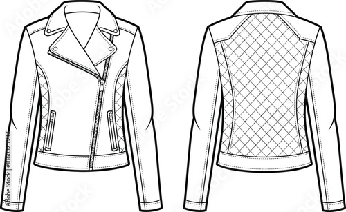 Women quilted biker jacket technical fashion drawing, front and back view, asymmetric zipper, diamond quilted back panel, fitted leather outerwear illustration