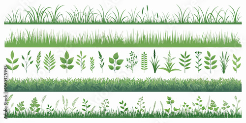 Various green grass and leafy plant illustrations for design