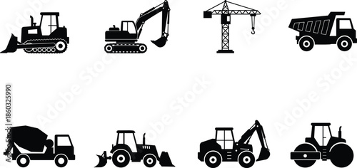 Construction vehicles silhouette, heavy equipment icons, bulldozer excavator crane dump truck, cement mixer, road roller, backhoe loader, industrial machinery, black outline, engineering tools