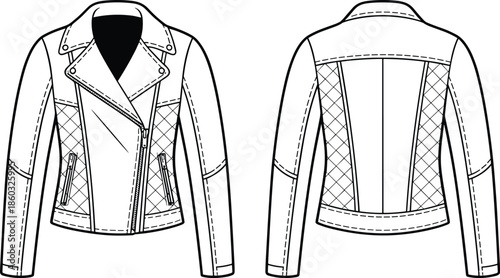 Women quilted biker jacket technical fashion drawing, front and back view, asymmetric zipper, panelled leather outerwear, detailed outline illustration