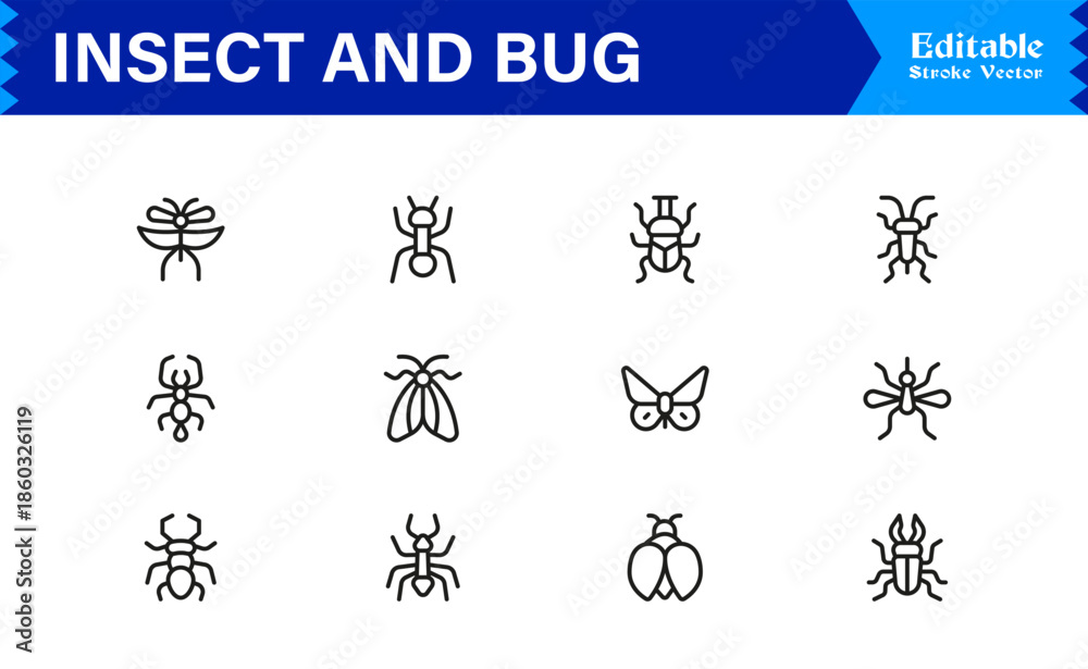 Fototapeta premium Bugs and Insects Line Icon Collection – Unique, Pixel-Perfect, and Editable Wildlife Illustrations