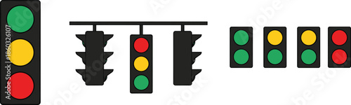 Traffic light signal collection showing red yellow green lamps vertical horizontal hanging views isolated vector illustration for road safety urban transportation design