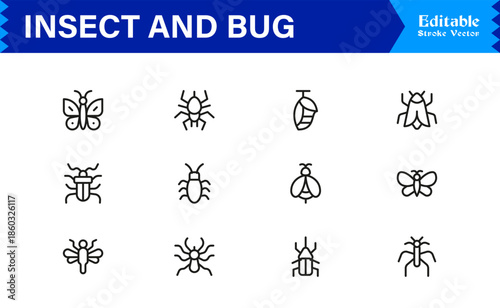 Bugs and Insects Line Icon Collection – Unique, Pixel-Perfect, and Editable Wildlife Illustrations