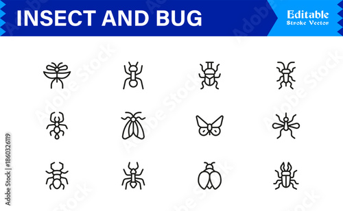 Bugs and Insects Line Icon Collection – Unique, Pixel-Perfect, and Editable Wildlife Illustrations