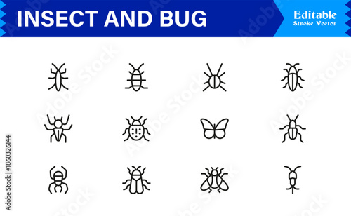 Bugs and Insects Line Icon Collection – Unique, Pixel-Perfect, and Editable Wildlife Illustrations