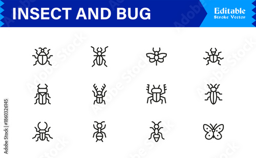 Bugs and Insects Line Icon Collection – Unique, Pixel-Perfect, and Editable Wildlife Illustrations