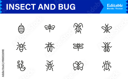 Bugs and Insects Line Icon Collection – Unique, Pixel-Perfect, and Editable Wildlife Illustrations