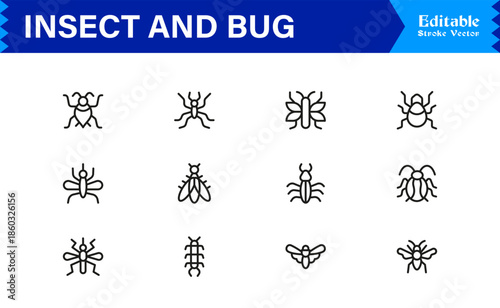 Bugs and Insects Line Icon Collection – Unique, Pixel-Perfect, and Editable Wildlife Illustrations