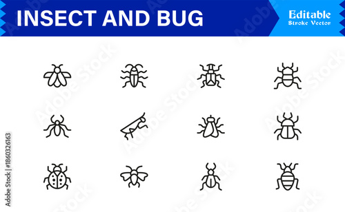 Bugs and Insects Line Icon Collection – Unique, Pixel-Perfect, and Editable Wildlife Illustrations