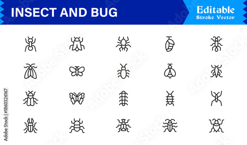 Bugs and Insects Line Icon Collection – Unique, Pixel-Perfect, and Editable Wildlife Illustrations