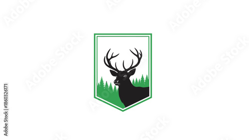 Deer Head Emblem with Forest Silhouette.