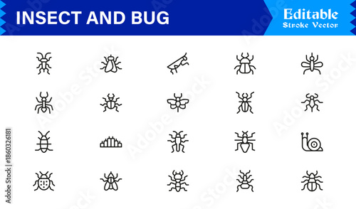 Bugs and Insects Line Icon Collection – Unique, Pixel-Perfect, and Editable Wildlife Illustrations