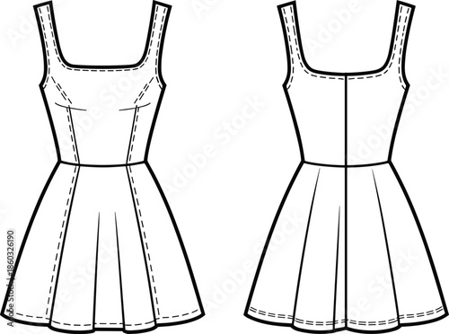 Women sleeveless fit and flare dress technical fashion drawing, front and back view, square neckline, flared skirt, minimalist outline illustration