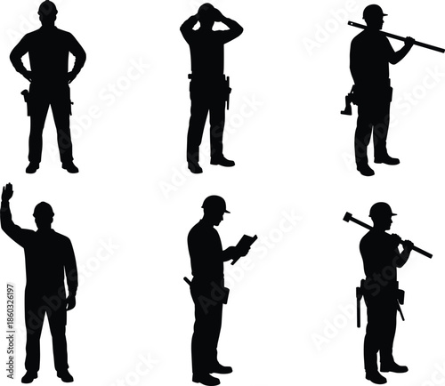 Construction worker silhouette, hard hat figure, tool belt pose, labor stance illustration, safety gear design, industrial job concept, black shadow graphic, occupational role expression