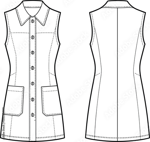 Women sleeveless shirt dress technical fashion drawing, front and back view, button up design, fitted waist, minimalist apparel outline illustration
