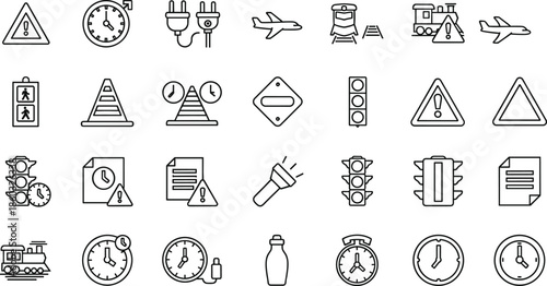 Transportation and safety line icons set featuring traffic signs warning symbols clocks trains airplanes electric plugs road cones and navigation elements outline vector illustration